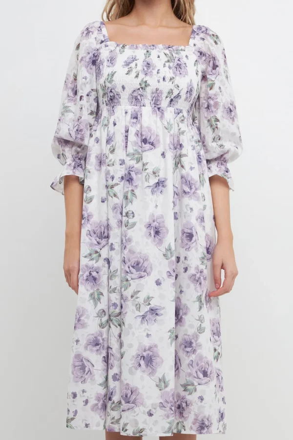 FREE THE ROSES White Dresses | Puff Sleeve*- Floral Smocked Midi Dress WHITE/PURPLE