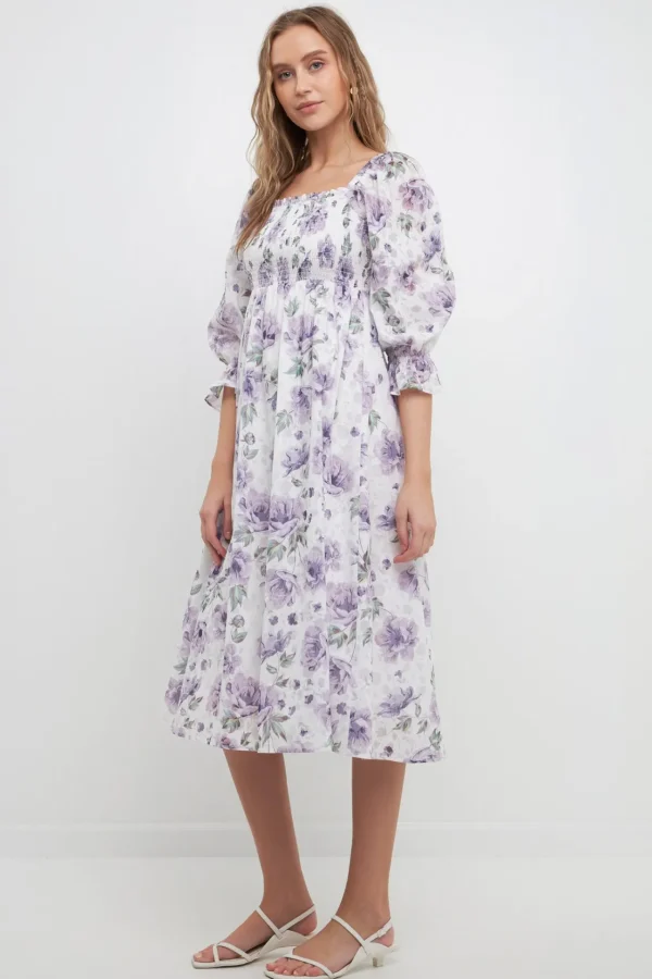 FREE THE ROSES White Dresses | Puff Sleeve*- Floral Smocked Midi Dress WHITE/PURPLE