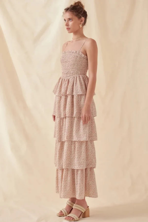 FREE THE ROSES Boho Dresses | Tops*- Floral Smocked Multi Tiered Maxi IVORY