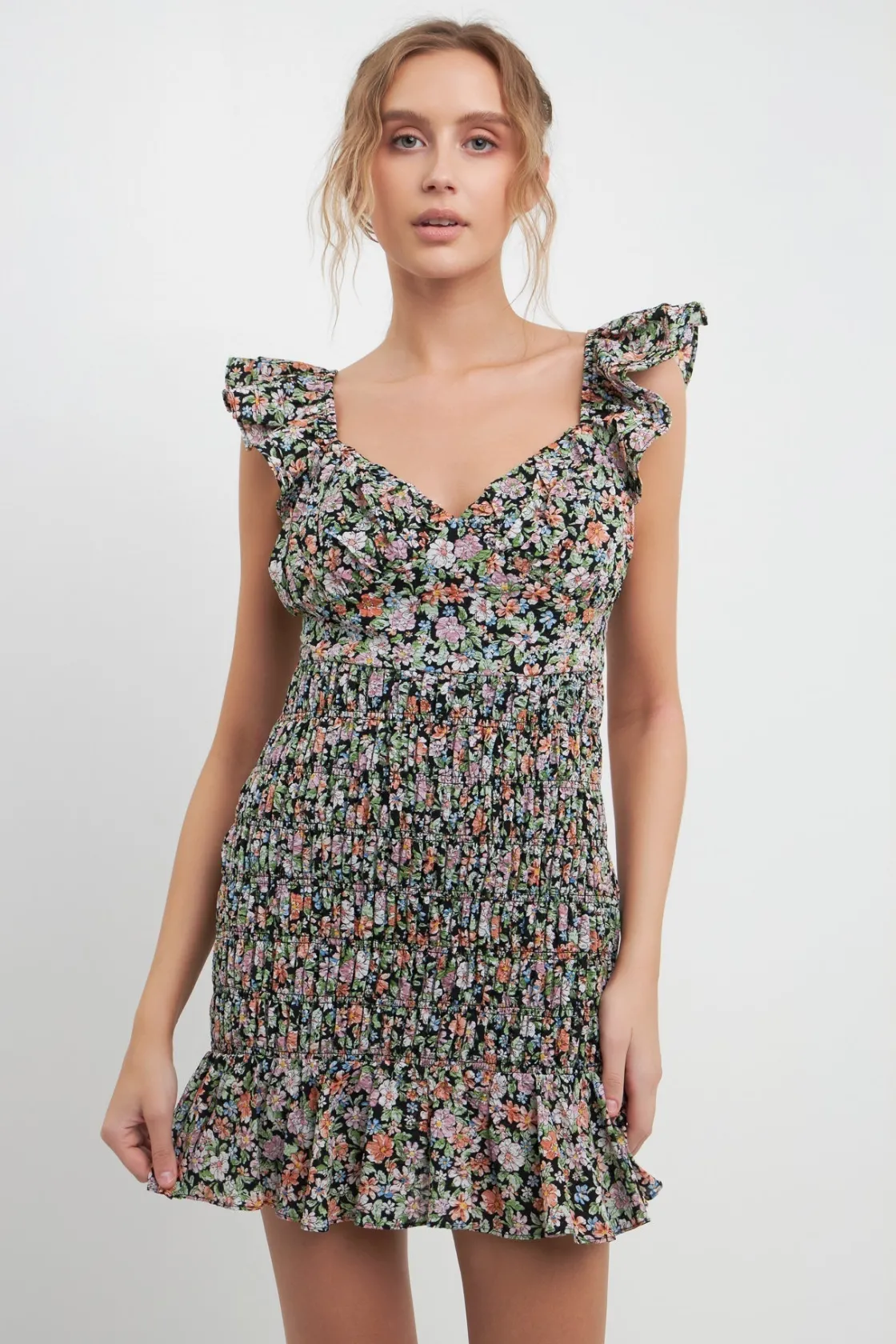 free_the_roses___floral_s_2-3.webp FREE THE ROSES Print Takeaway | Floral Dresses*- Floral Smocked Mini Dress BLACKMULTI