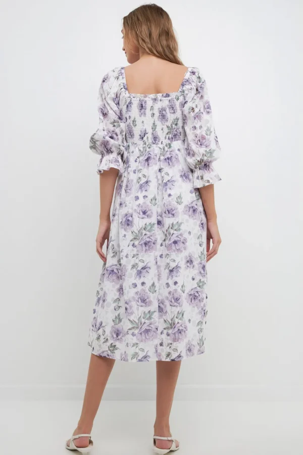 FREE THE ROSES White Dresses | Puff Sleeve*- Floral Smocked Midi Dress WHITE/PURPLE