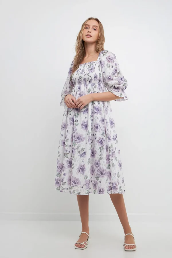 FREE THE ROSES White Dresses | Puff Sleeve*- Floral Smocked Midi Dress WHITE/PURPLE