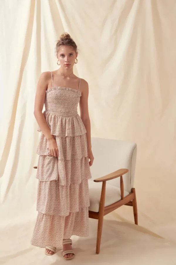 FREE THE ROSES Boho Dresses | Tops*- Floral Smocked Multi Tiered Maxi IVORY