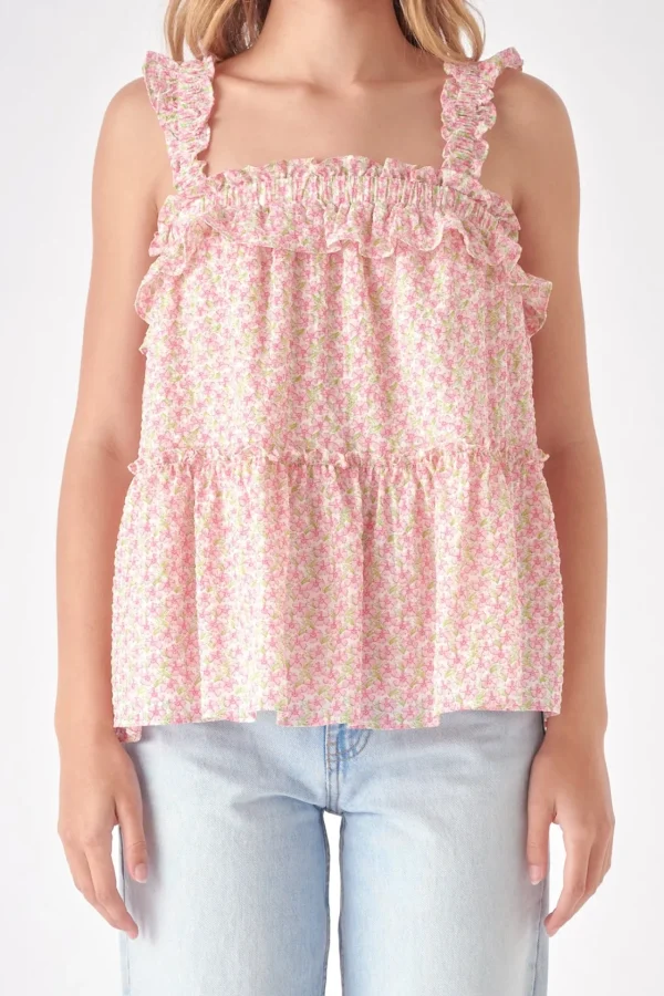 FREE THE ROSES Tops*- Floral Textured Flounce Top PINK