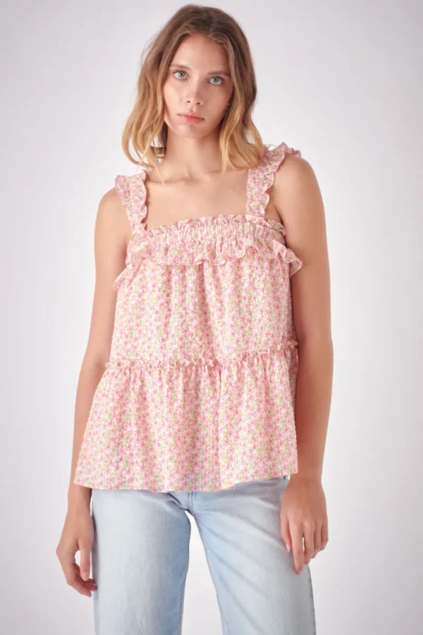 FREE THE ROSES Tops*- Floral Textured Flounce Top PINK