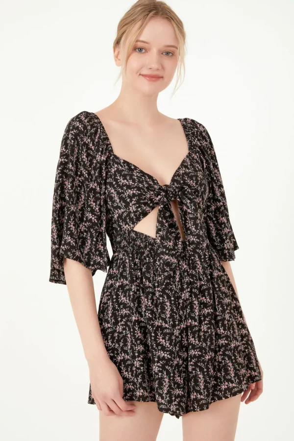 FREE THE ROSES Tops*- Floral Tied Detail Romper BLACKMULTI