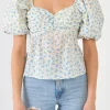 FREE THE ROSES Tops*- Floral Women Tie Back Top IVORY/BLUE