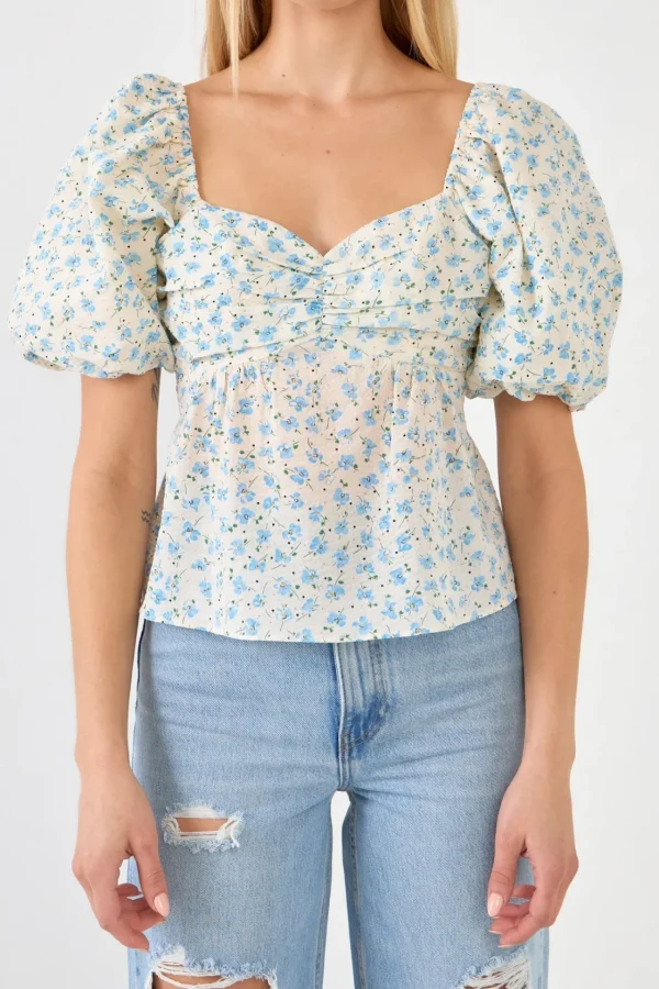 FREE THE ROSES Tops*- Floral Women Tie Back Top IVORY/BLUE