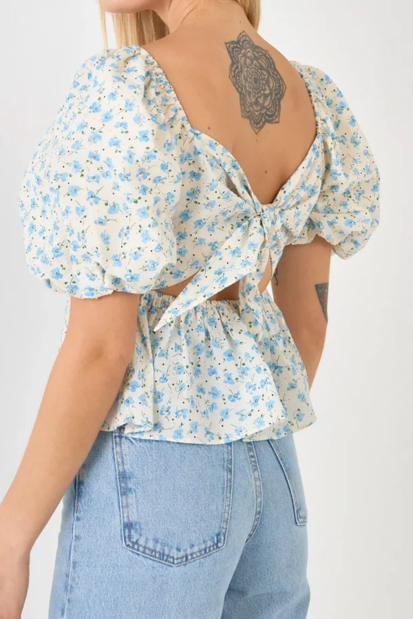 FREE THE ROSES Tops*- Floral Women Tie Back Top IVORY/BLUE