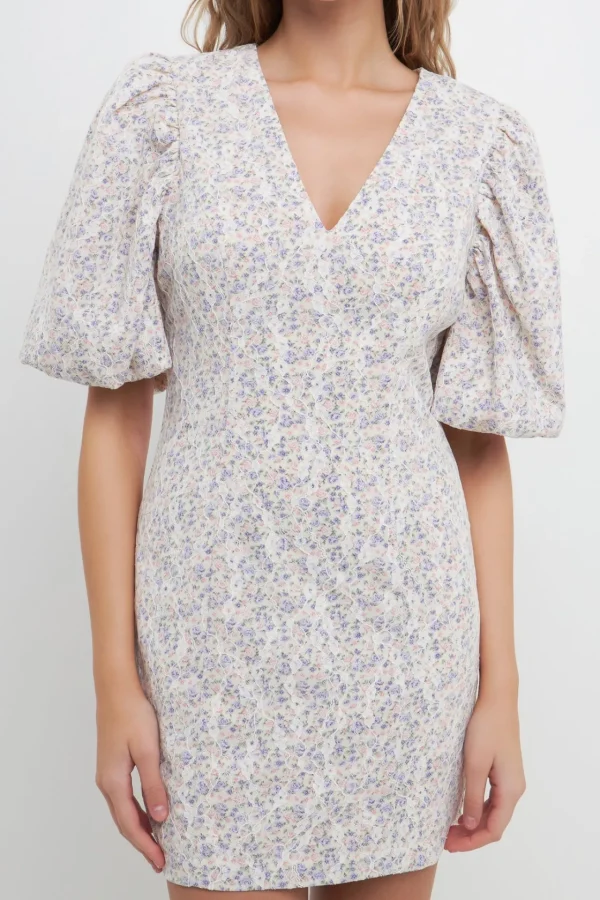 FREE THE ROSES Lace Dresses | Tops*- Flroal Balloon Sleeve Dress with Lace Texture CREAMMULTI