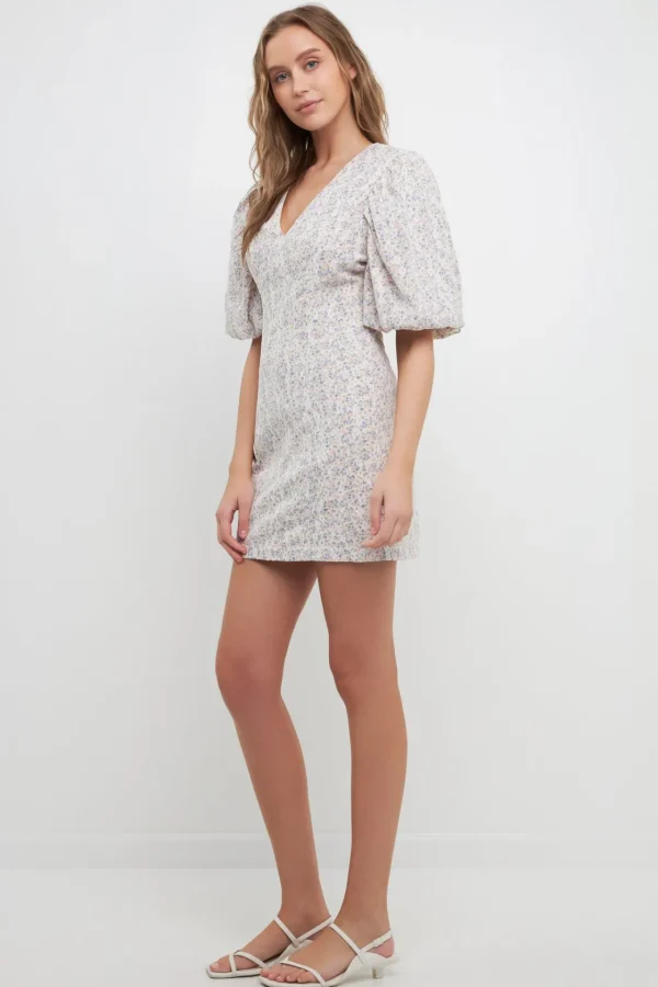 FREE THE ROSES Lace Dresses | Tops*- Flroal Balloon Sleeve Dress with Lace Texture CREAMMULTI