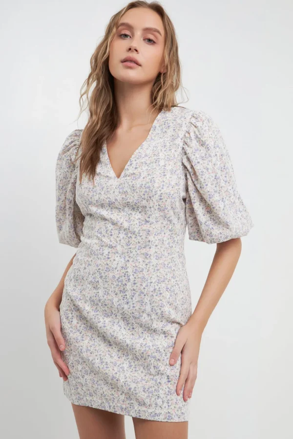 FREE THE ROSES Lace Dresses | Tops*- Flroal Balloon Sleeve Dress with Lace Texture CREAMMULTI