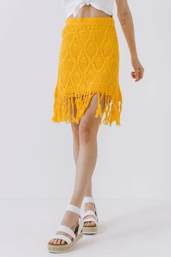FREE THE ROSES Skirts | Tops*- Fringed Hem Crochet Skirt LEMONADE