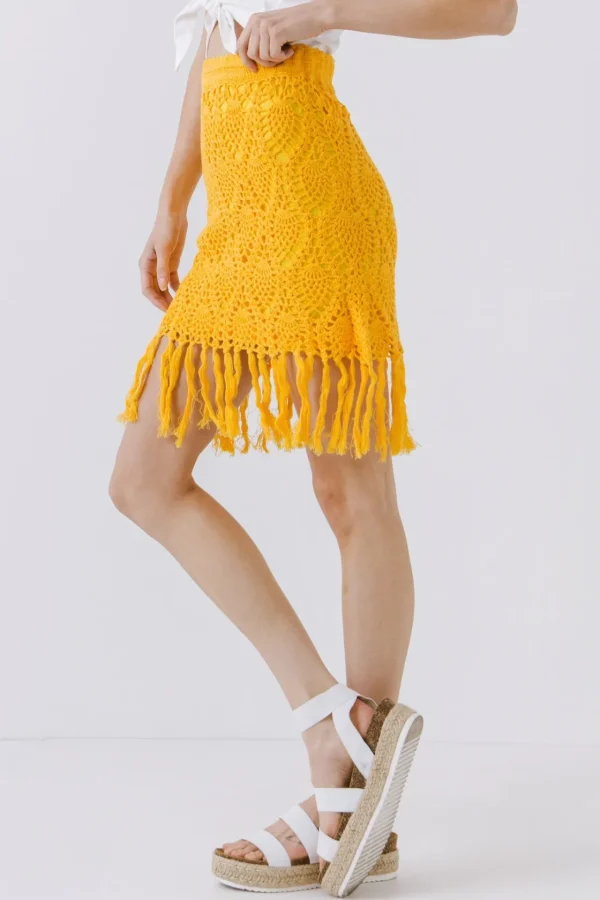 FREE THE ROSES Skirts | Tops*- Fringed Hem Crochet Skirt LEMONADE