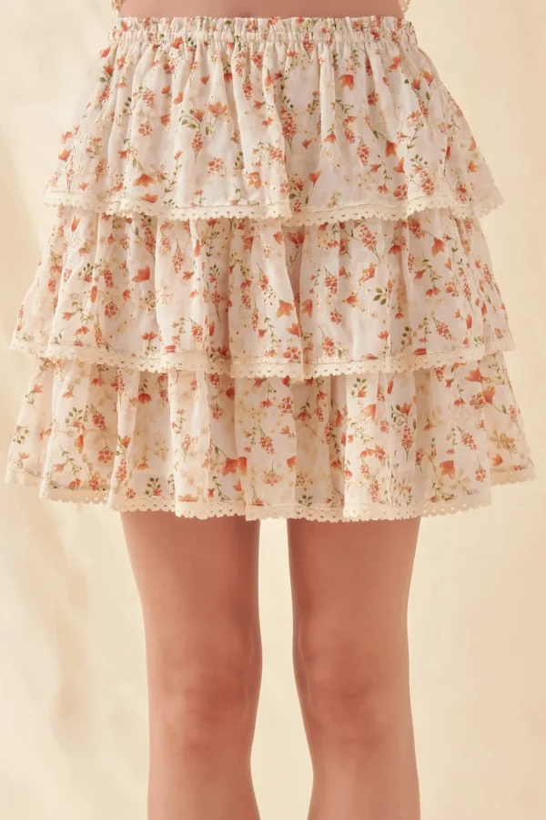 FREE THE ROSES Skirts | Tops*- High Waisted Ruffle Skirt with Lace IVORYMULTI