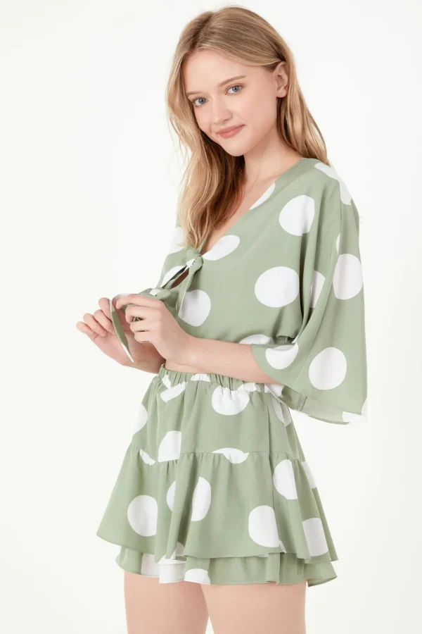 FREE THE ROSES Tops*- Knotted Front Romper with Ruffle PISTACHIO