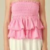 FREE THE ROSES Tops*- Lace Smocked Knit Ruffled Tube Top PINK