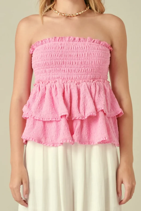 FREE THE ROSES Tops*- Lace Smocked Knit Ruffled Tube Top PINK