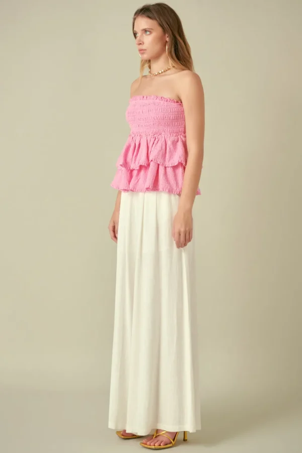 FREE THE ROSES Tops*- Lace Smocked Knit Ruffled Tube Top PINK