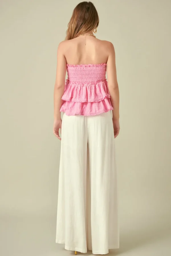 FREE THE ROSES Tops*- Lace Smocked Knit Ruffled Tube Top PINK