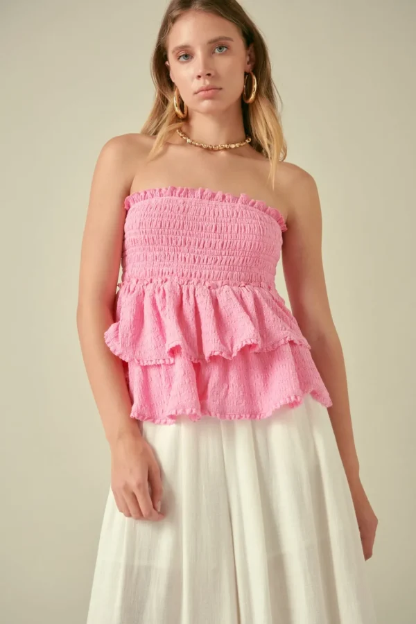FREE THE ROSES Tops*- Lace Smocked Knit Ruffled Tube Top PINK