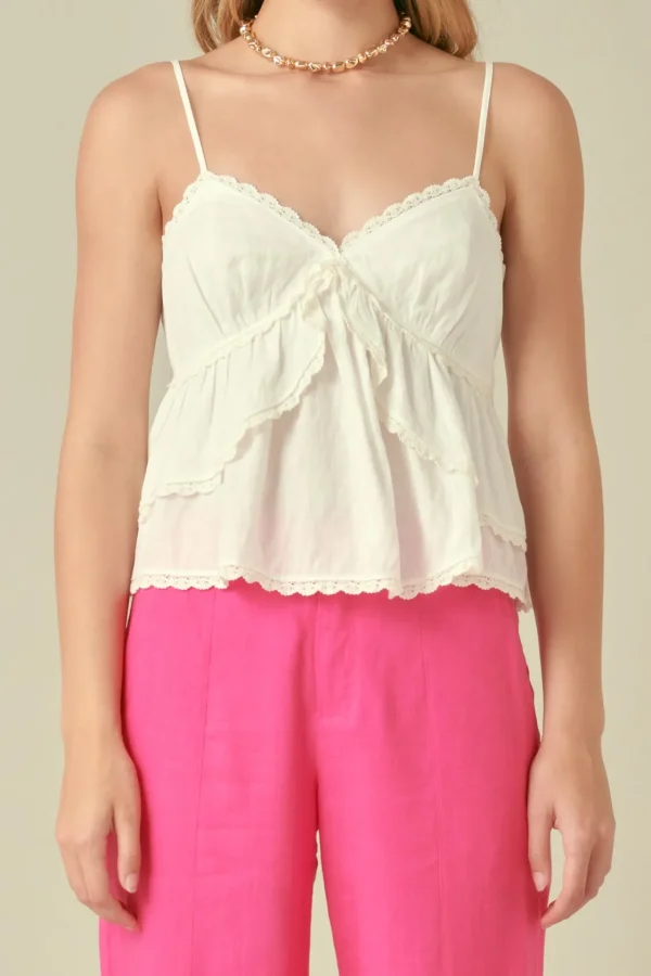 FREE THE ROSES Tops*- Lace Trimmed Waterfall Tiered Top WHITE
