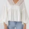 FREE THE ROSES Tops*- Lace Trim Deep V Top WHITE