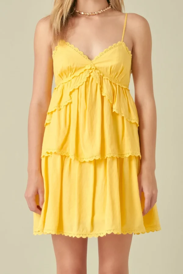 FREE THE ROSES Lace Dresses | Tops*- Lace Trimmed Tiered Mini Dress YELLOW