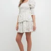 FREE THE ROSES Lace Dresses | White Dresses*- Lace Trim Floral Print Smocked Sleeve Mini Dress WHITE