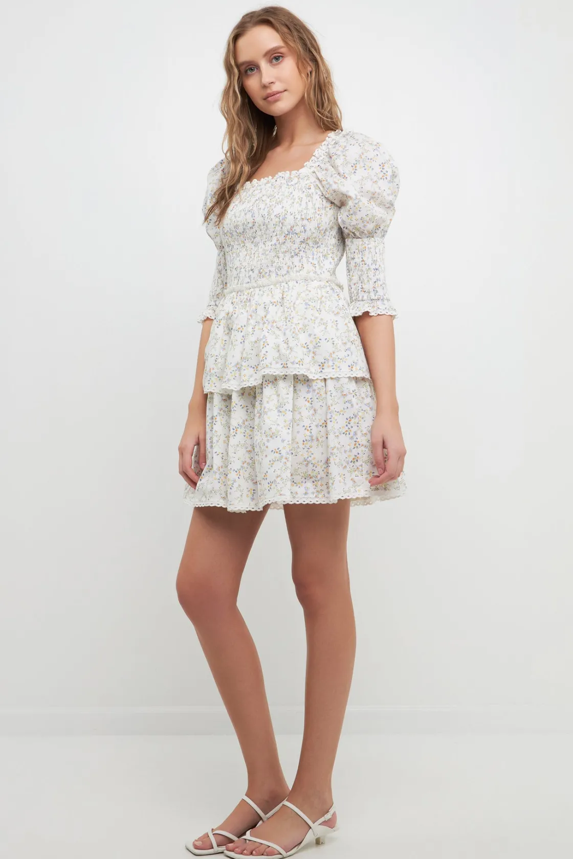 free_the_roses___lace_tri_0-3.webp FREE THE ROSES Lace Dresses | White Dresses*- Lace Trim Floral Print Smocked Sleeve Mini Dress WHITE