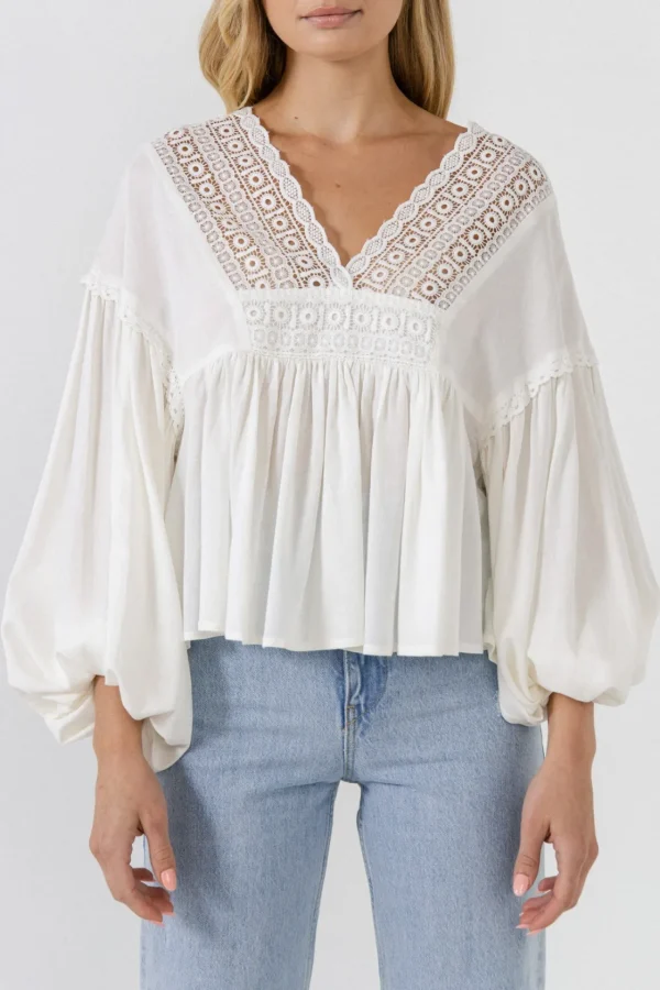 FREE THE ROSES Tops*- Lace Trim Deep V Top WHITE