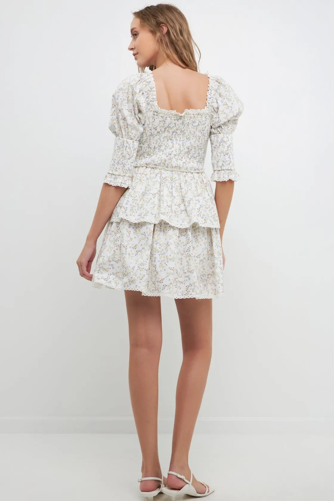 free_the_roses___lace_tri_1-3.webp FREE THE ROSES Lace Dresses | White Dresses*- Lace Trim Floral Print Smocked Sleeve Mini Dress WHITE