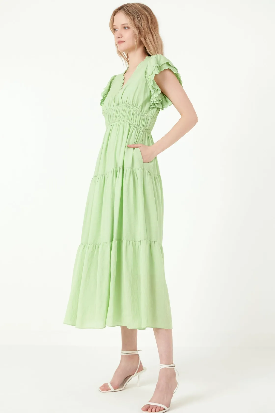 free_the_roses___lace_tri_1-5.webp FREE THE ROSES Lace Dresses | Tops*- Lace Trim Detail Tiered Midi Dress GREEN