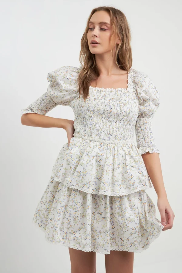 FREE THE ROSES Lace Dresses | White Dresses*- Lace Trim Floral Print Smocked Sleeve Mini Dress WHITE