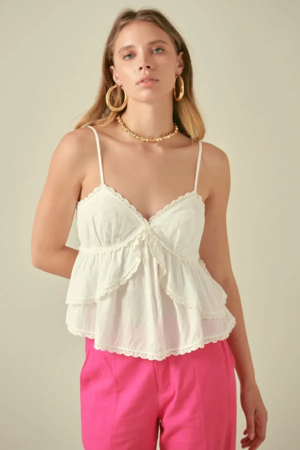 FREE THE ROSES Tops*- Lace Trimmed Waterfall Tiered Top WHITE