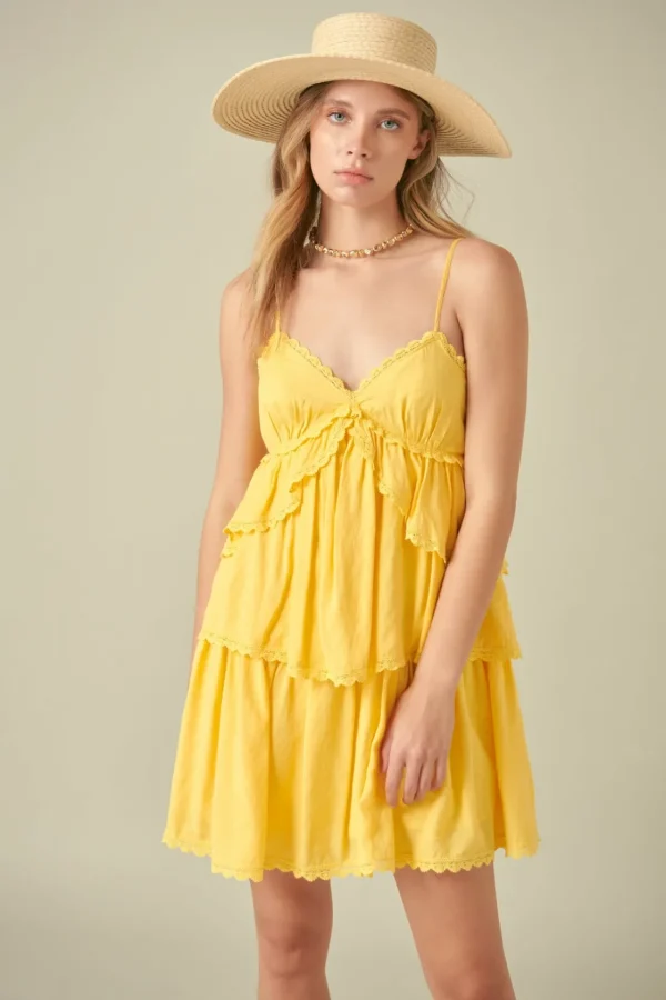 FREE THE ROSES Lace Dresses | Tops*- Lace Trimmed Tiered Mini Dress YELLOW