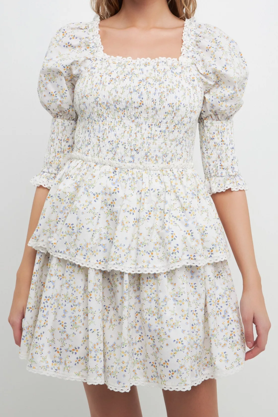 free_the_roses___lace_tri_3-3.webp FREE THE ROSES Lace Dresses | White Dresses*- Lace Trim Floral Print Smocked Sleeve Mini Dress WHITE