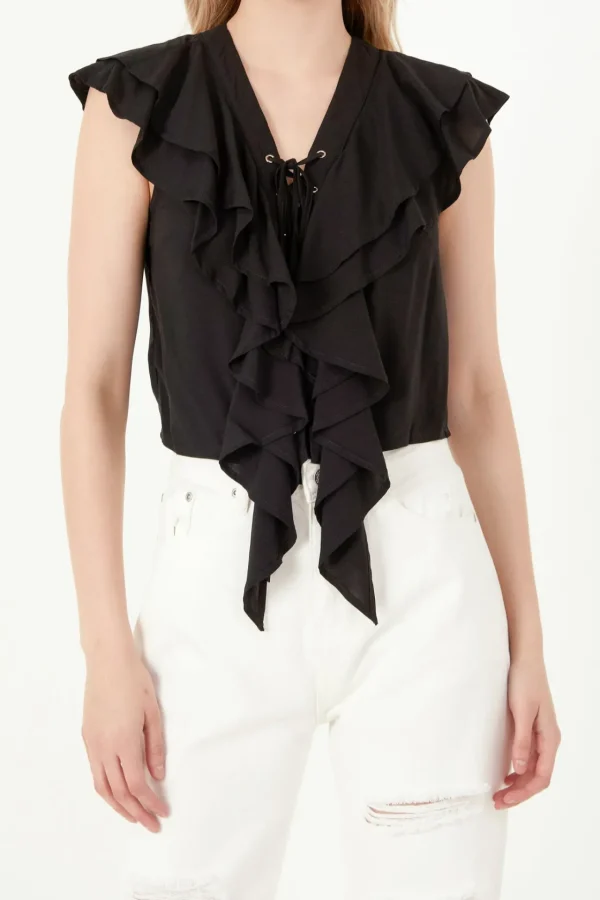 FREE THE ROSES Tops*- Lace Up Ruffle Crop Top BLACK
