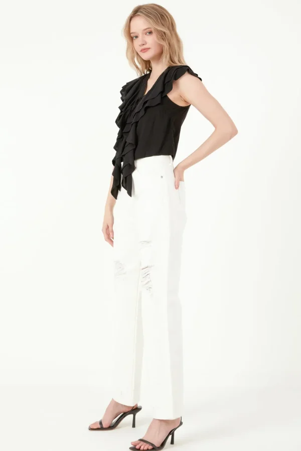 FREE THE ROSES Tops*- Lace Up Ruffle Crop Top BLACK