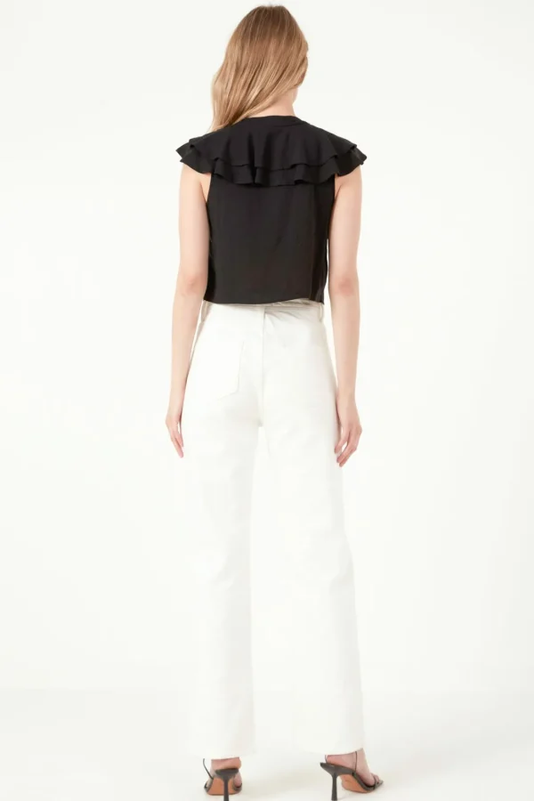 FREE THE ROSES Tops*- Lace Up Ruffle Crop Top BLACK