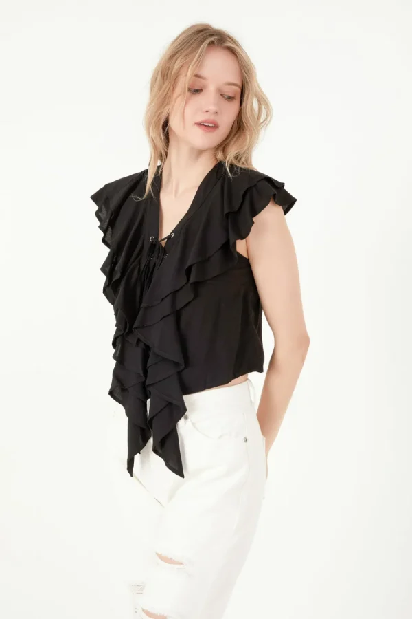 FREE THE ROSES Tops*- Lace Up Ruffle Crop Top BLACK