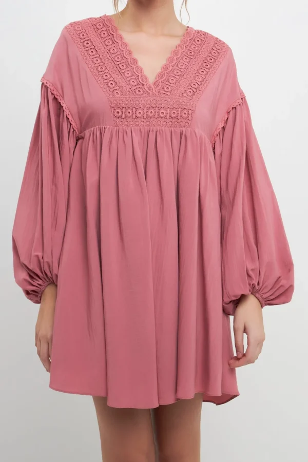 FREE THE ROSES Lace Dresses | Tops*- Laced Blouson Sleeve Shift Dress BERRYRED