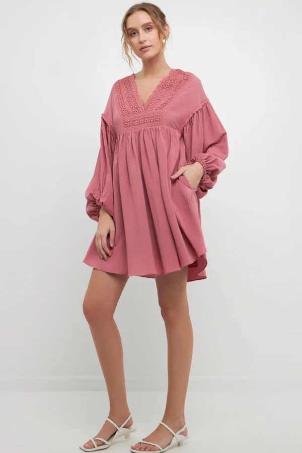 FREE THE ROSES Lace Dresses | Tops*- Laced Blouson Sleeve Shift Dress BERRYRED