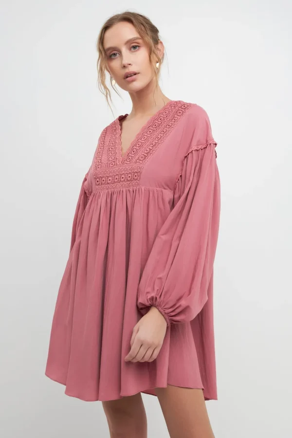 FREE THE ROSES Lace Dresses | Tops*- Laced Blouson Sleeve Shift Dress BERRYRED