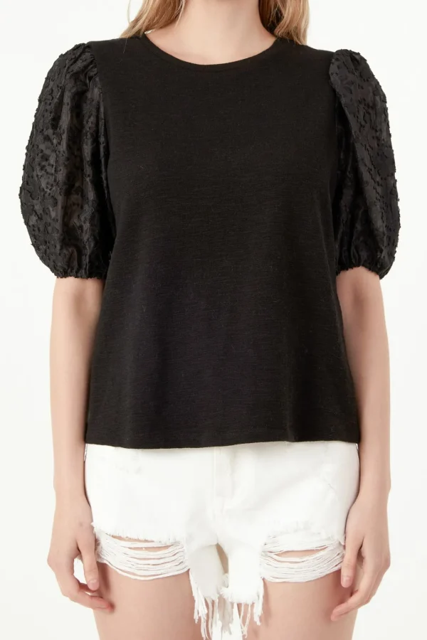 FREE THE ROSES Tops*- Mixed Media Knit Top BLACK