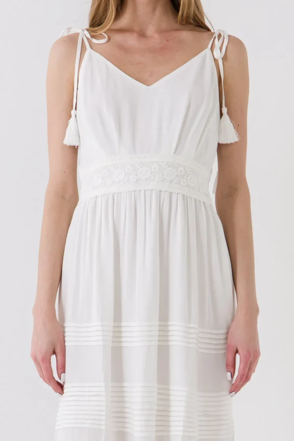 FREE THE ROSES Tops*- Mixed Media Midi Dress with Tassel OFFWHITE
