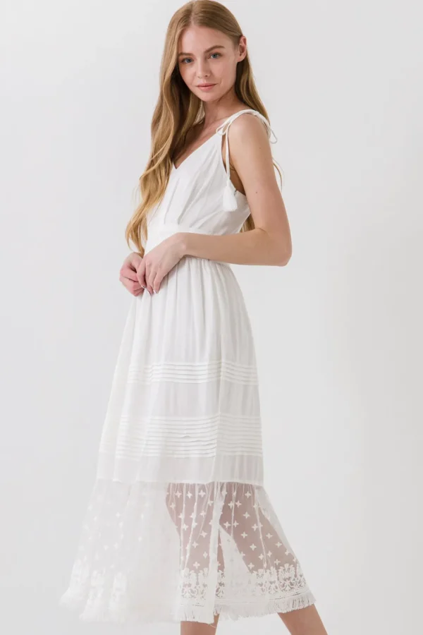 FREE THE ROSES Tops*- Mixed Media Midi Dress with Tassel OFFWHITE