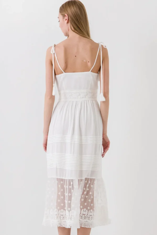 FREE THE ROSES Tops*- Mixed Media Midi Dress with Tassel OFFWHITE
