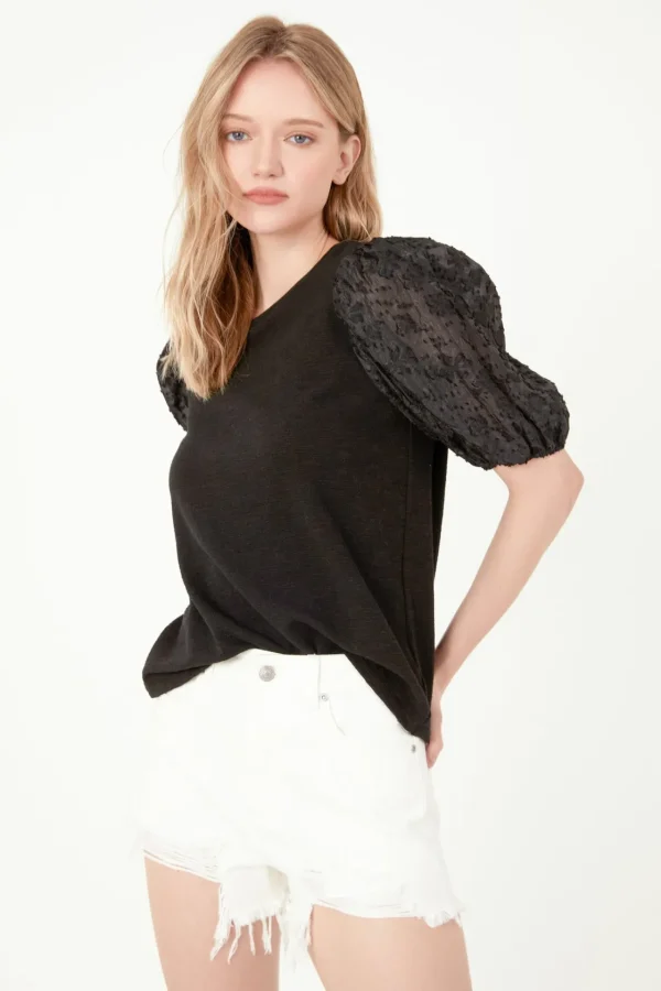 FREE THE ROSES Tops*- Mixed Media Knit Top BLACK