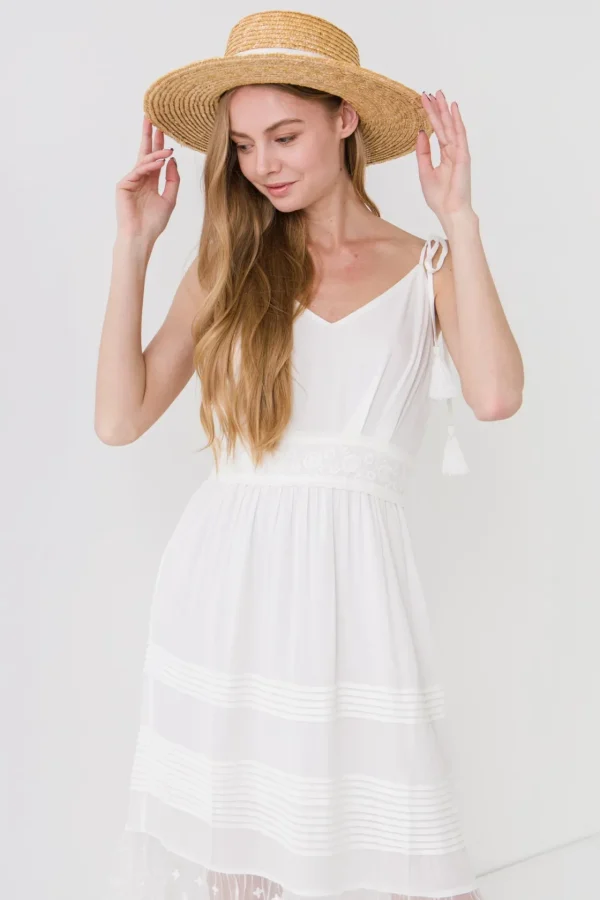 FREE THE ROSES Tops*- Mixed Media Midi Dress with Tassel OFFWHITE